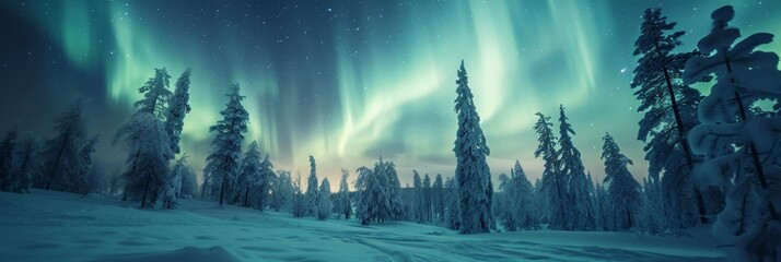 Beautiful aurora northern lights in night sky with snow forest in winter. - obrazy, fototapety, plakaty