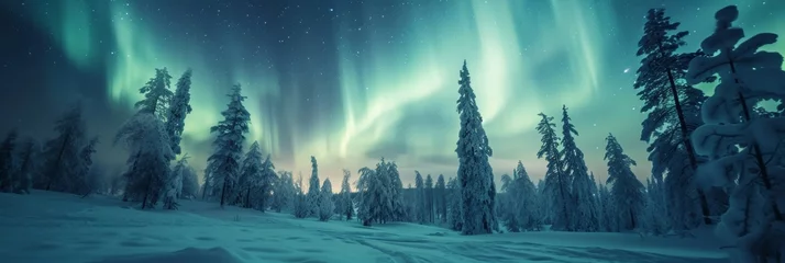 Foto op Plexiglas Beautiful aurora northern lights in night sky with snow forest in winter. © Joyce