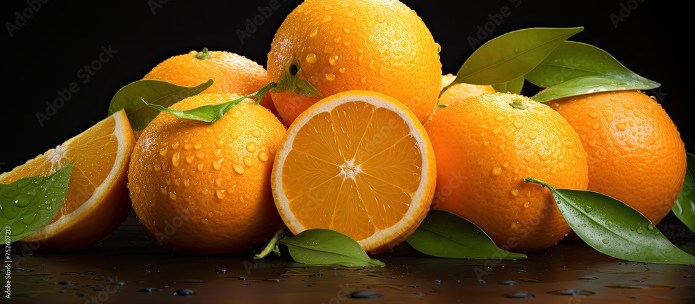 Poster a close-up view of a bunch of vibrant oranges stacked neatly on a rustic wooden table, showcasing th
