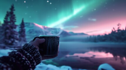 Hand holding a cup of steaming coffee with beautiful aurora northern lights in night sky in winter.