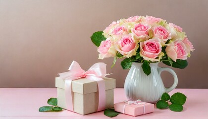 Bouquet of roses in a vase with a gift