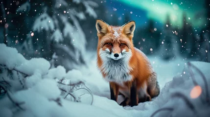 Poster Aurores boréales Red fox in wild snow field with beautiful aurora northern lights in night sky with snow forest in winter.