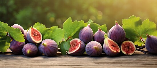 A group of ripe fig fruits are neatly arranged on top of a rustic wooden table, showcasing the rich...