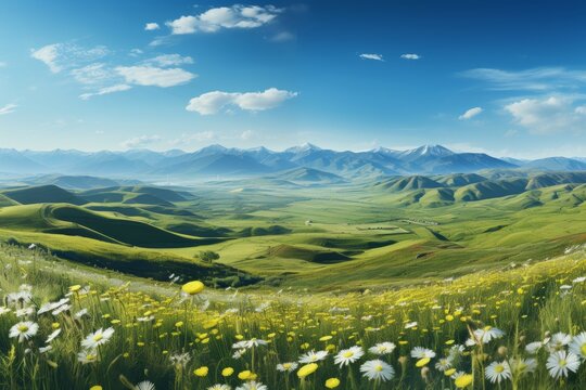 Green rolling hills with wildflowers under blue sky with white clouds