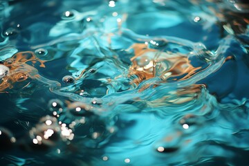 Tropical ocean setting with blue water, splashes, bubbles, creating serene scene.