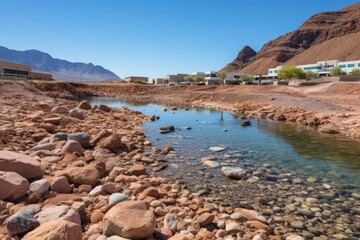 Fototapeta na wymiar River flowing through desert with rocks, blue sky, mountain landscape