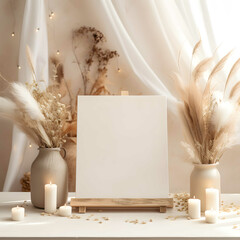 Elegantly arranged, white empty card, feathers, and a lit candle. - obrazy, fototapety, plakaty