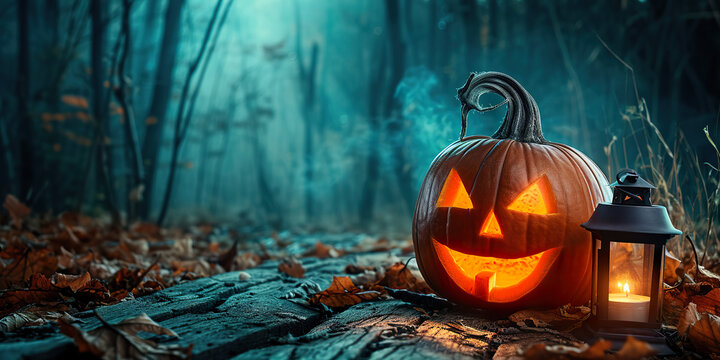 Halloween pumpkin with lantern on old wooden