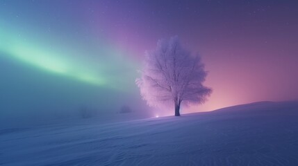 Lonely tree in snow filed with Beautiful aurora northern lights in night sky in winter.