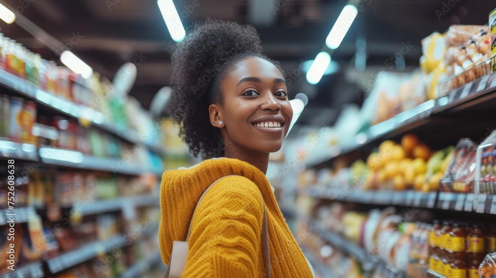 Wall mural A female shopper in a grocery store shopping for food.