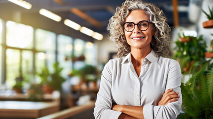Lady sustainability consultant standing in green office with lush greenery. Concept of integration environmental responsibility in business models, offering strategic advice to companies to growth