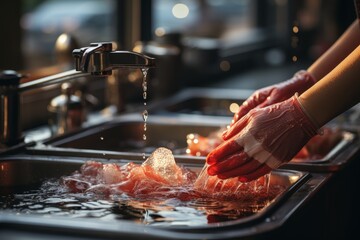 Proper kitchen hygiene Avoid washing raw meat in the sink to prevent cross-contamination - obrazy, fototapety, plakaty