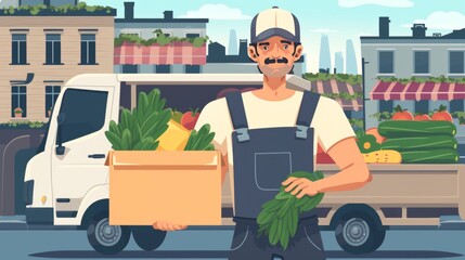 Vector illustration of smiling food delivery service personnel with food truck deliver groceries to customer. - obrazy, fototapety, plakaty
