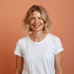 Fototapeta premium Woman Standing in Front of Pink Wall