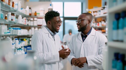 Obraz premium Two pharmacists working and chating in a drug store