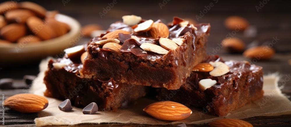Poster two pieces of chocolate with almonds on top are placed neatly on a wooden table. the almonds add a c