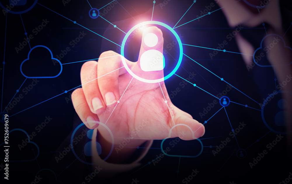Poster networking concept background with man touching the network design and glowing light. modern network