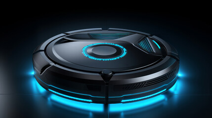Futuristic neon-lit wireless robot vacuum cleaner with innovative controls removes dust on floor