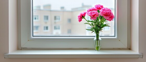 Pink Flowers in Vase on Window Sill