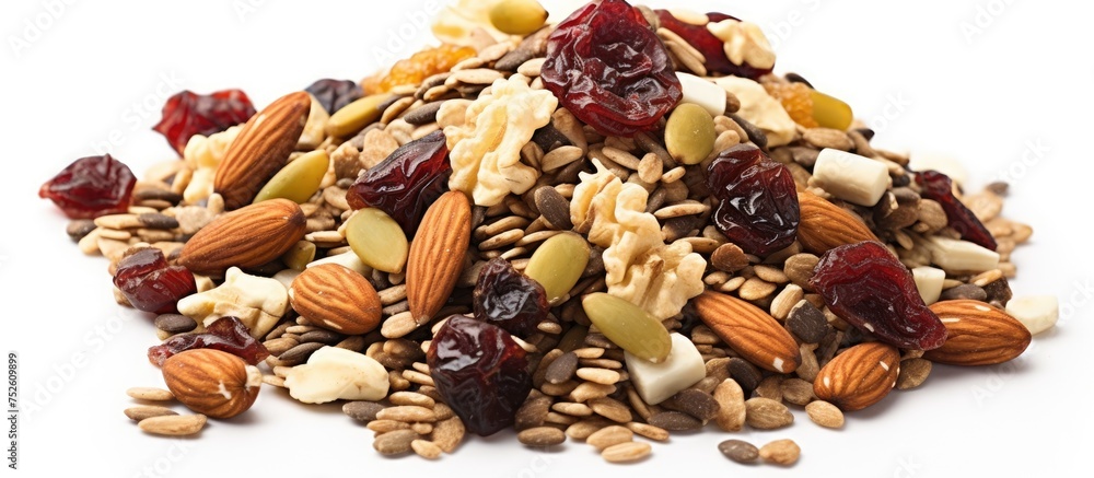 Poster a closeup view of a pile of nuts and cranberries arranged on a white background. the heap consists o