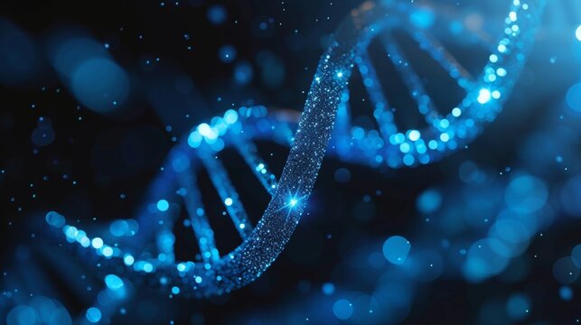 Glowing hologram of 3D human DNA structure over dark background