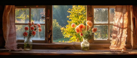 Fototapeta na wymiar Two Vases of Flowers on a Window Sill