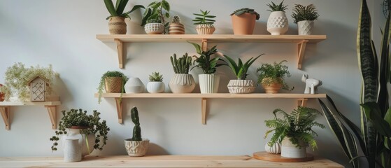 Shelf Filled With Potted Plants on Wooden Shelves - obrazy, fototapety, plakaty