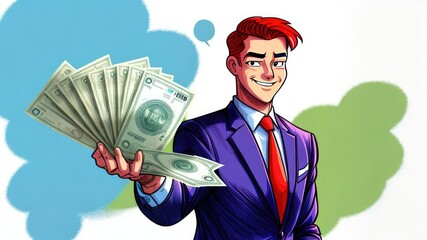 a male businessman in a blue suit and a smile holds a money folder in his hands. Business concept. Successful man.