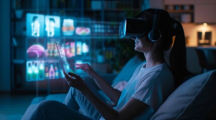 Young female doing online virtual shopping at home with the help of VR technology.