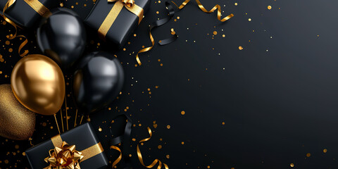 Holiday celebration background with Black Gold balloons - obrazy, fototapety, plakaty