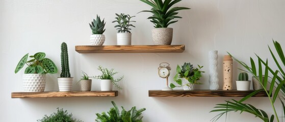 Three Wooden Shelves Holding Plants and a Clock