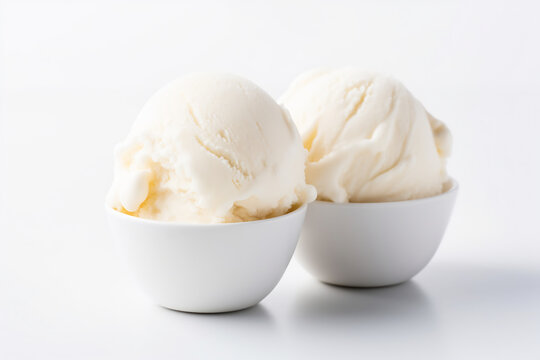 Two Scoops of Classic Vanilla Ice Cream in White Bowls. Gourmet Dessert Concept