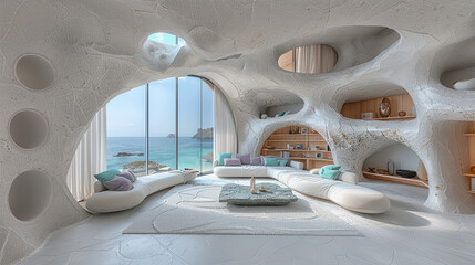  Luxury white living room with sea view. Futuristic interior concept.