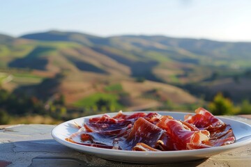 Plate of Jamón Ibérico with the Rolling Hills of Andalusia in Soft Sunset Light - Authentic Spanish Delicacy - obrazy, fototapety, plakaty