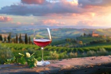 Chianti Wine Glass with a Tuscan Vineyard Landscape at Sunset - obrazy, fototapety, plakaty