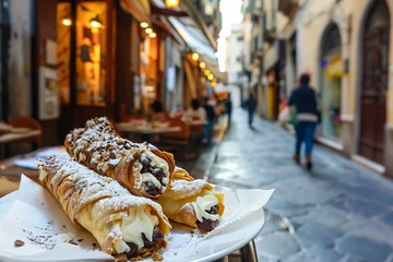 Rolgordijnen Cannoli Served on a Quaint Palermo Street - A Sicilian Pastry Delight © Rade Kolbas