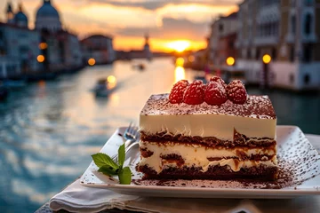 Tuinposter Classic Tiramisu Dessert Adorned with Fresh Strawberries Overlooking Venice's Grand Canal at Twilight for Romance and Gourmet Concepts © Rade Kolbas
