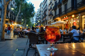 Refreshing Tinto de Verano Cocktail with Barcelona's Bustling Street Life Perfect for Summer and Lifestyle Themes - obrazy, fototapety, plakaty