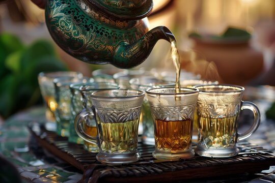 Moroccan Mint Tea Pouring Ceremony with Traditional Glasses and Teapot, Capturing the Essence of Moroccan Hospitality