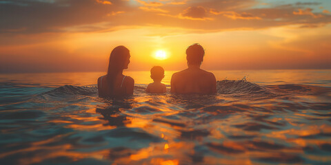 Happy family on the beach at sunset. Mother, father and their little daughter having fun on the ocean. - obrazy, fototapety, plakaty