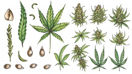 Vector illustration of cannabis plant leaf plant and seed.
