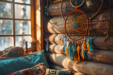 a dreamcatcher hanging in the room of a country wooden house - obrazy, fototapety, plakaty