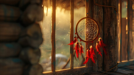 a dreamcatcher hanging in the room of a country wooden house