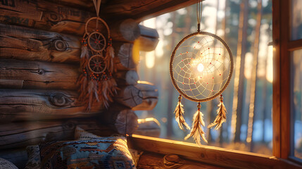 a dreamcatcher hanging in the room of a country wooden house - obrazy, fototapety, plakaty