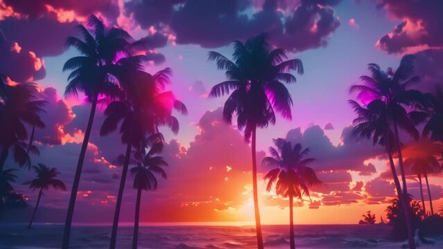 Exotic tropical palm trees at sunset