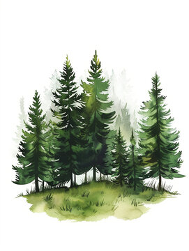 Spruce forest watercolor illustration on white