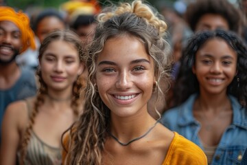 Fototapeta premium Radiant young woman amidst a diverse crowd of individuals