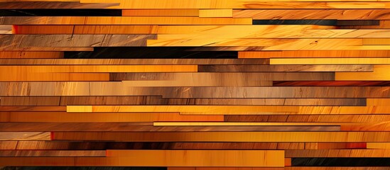 This close-up shot showcases a wall constructed entirely of wooden planks, with each plank displaying varying shades of yellow and orange. The converging lines create an abstract and visually