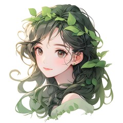 Cartoon anime style avatar side-view portrait of a young woman with dark green hair decorated with leaves