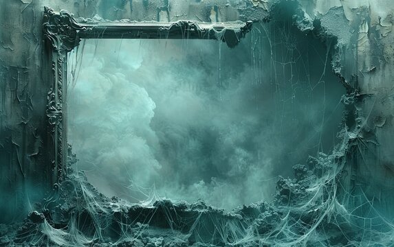 Empty frame gothic stone wall cobwebs draping background. Halloween theme. copy text space.